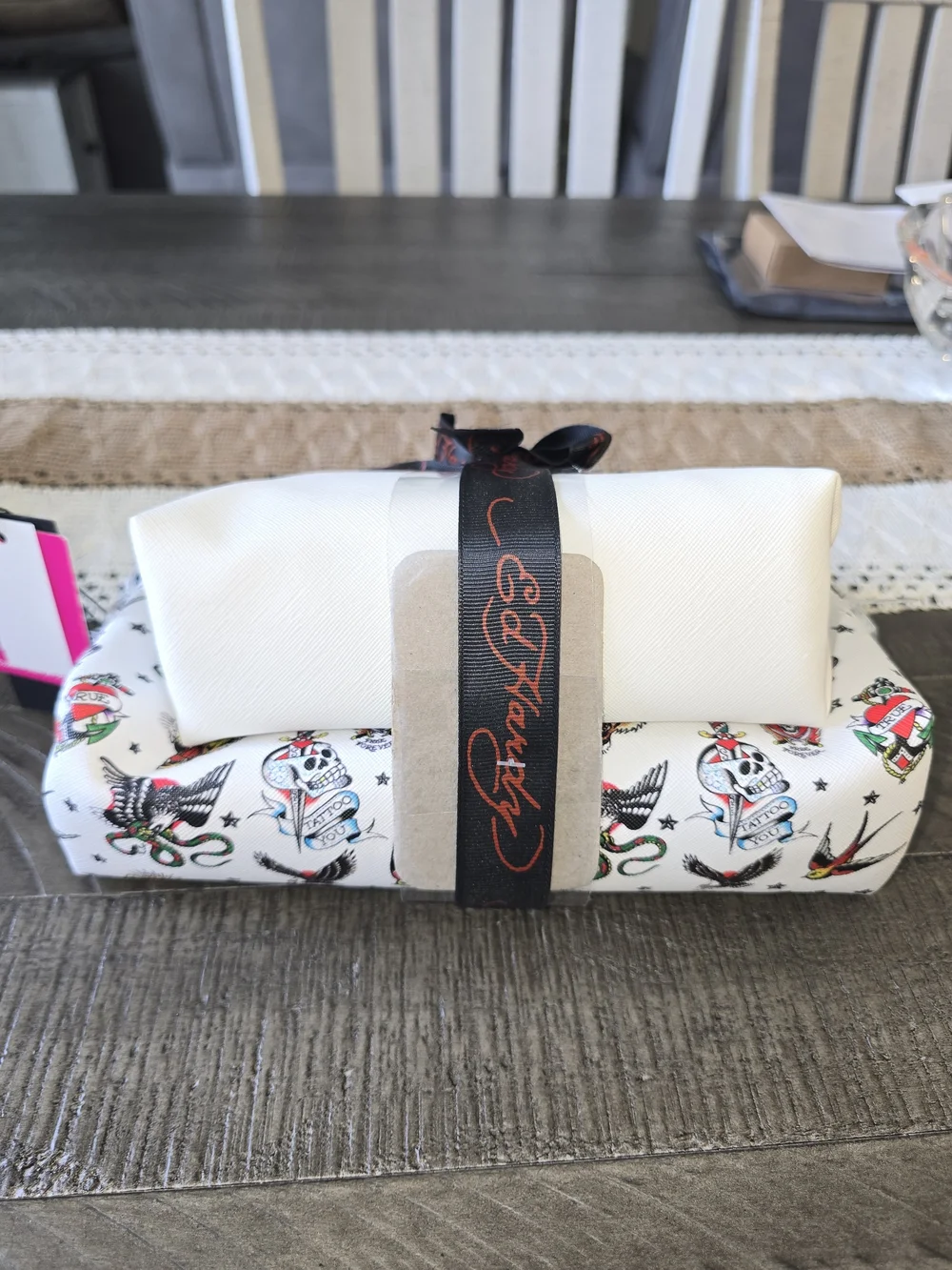 Ed Hardy NWT White Cosmetic Pouch Set with Red Heart Tattoo Graphic